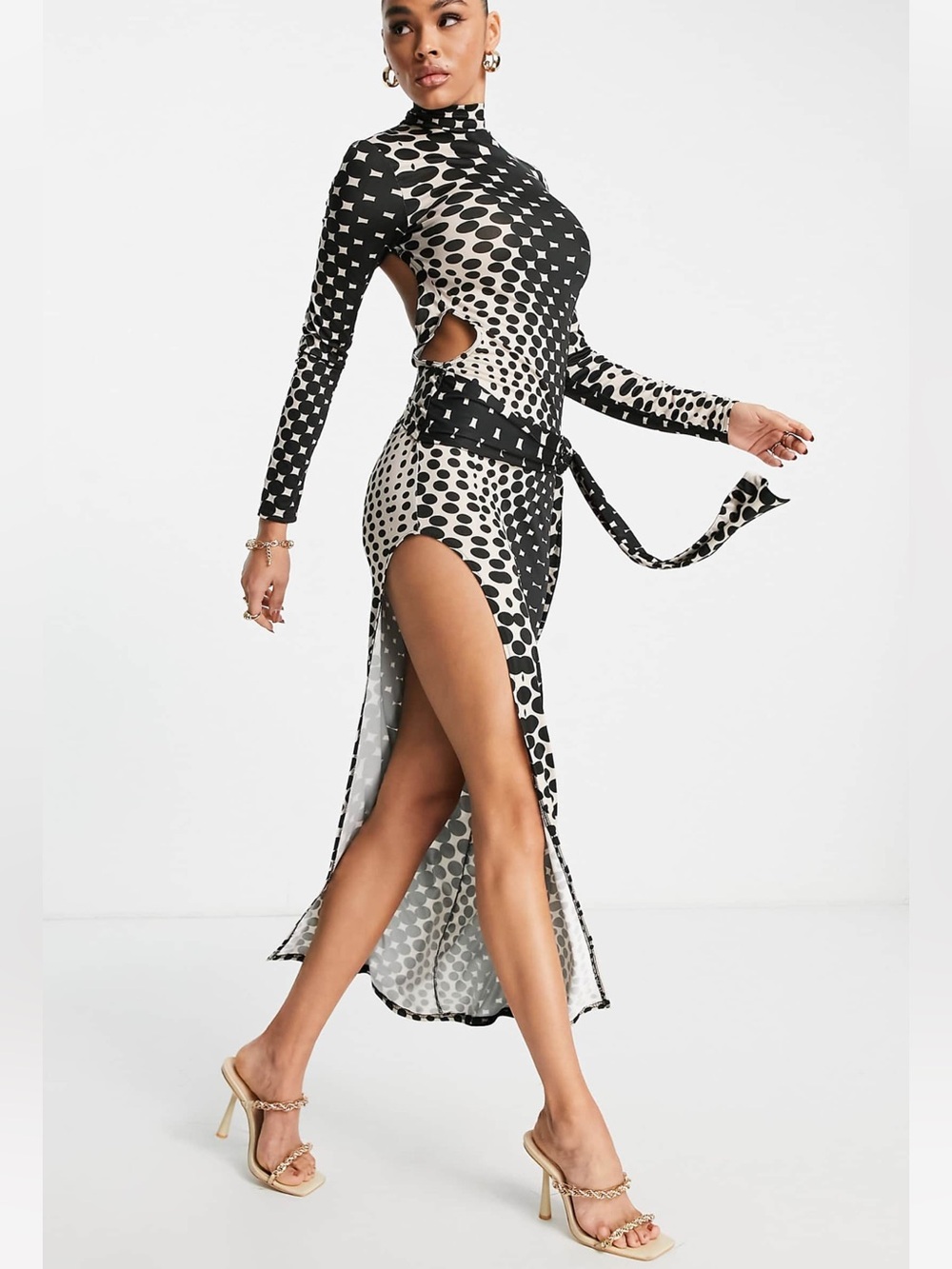 ASOS DESIGN long sleeve super high slit open back maxi dress in mono dot print